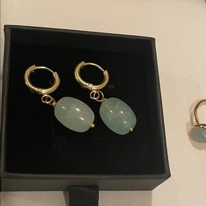 Gold Hoop Rio Earrings with Light Aqua Gemstone Drops
